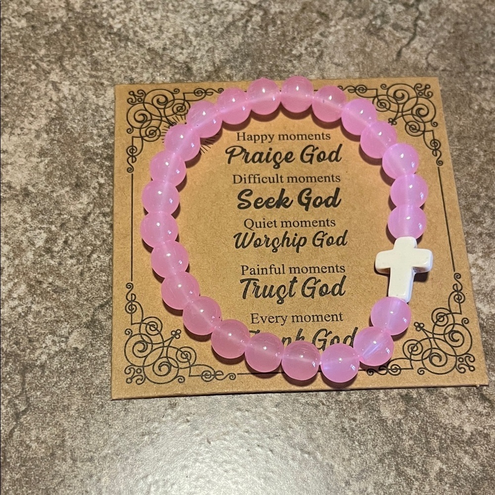 Pink Beaded Bracelet with White Cross Charm